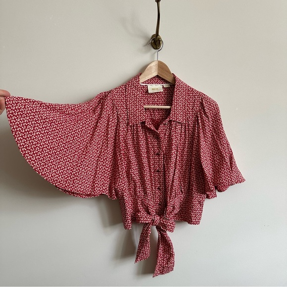 Maeve flowy boho red button down crop blouse with a tie detail at front- 10 - Picture 6 of 6